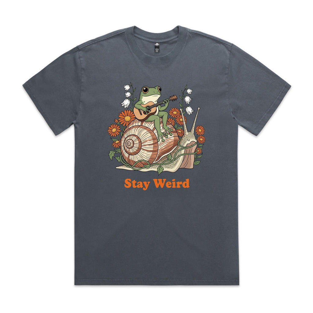 Stay Weird, Guitar Playing Frog On A Snail AS Colour Heavy Faded Tee Unisex Faded indigo Heavy Faded T-shirt animal Music Printed In Australia