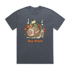 Stay Weird, Guitar Playing Frog On A Snail AS Colour Heavy Faded Tee Unisex Faded indigo Heavy Faded T-shirt animal Music Printed In Australia