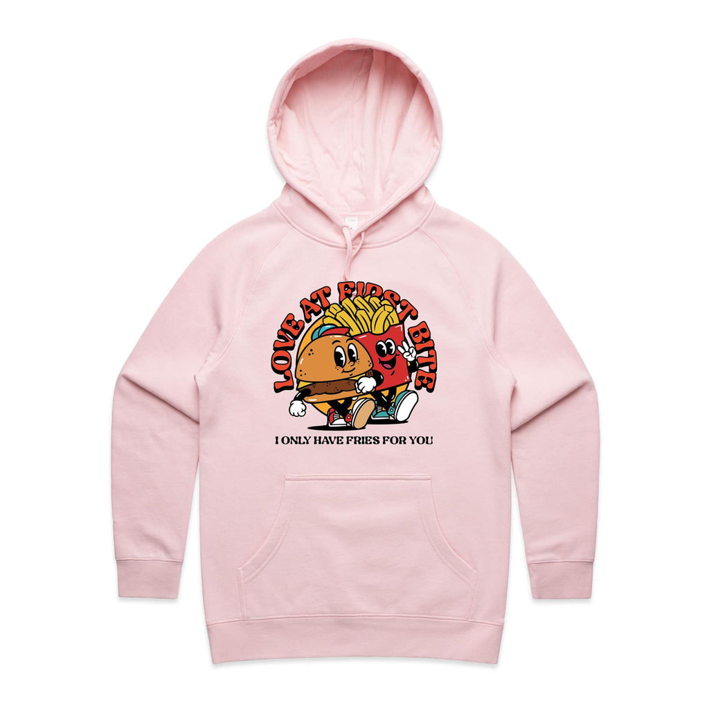 Love At First Bite, Hamburger And Fries - Womens Hoodie Pink Womens Hoodie Food Love Printed In Australia