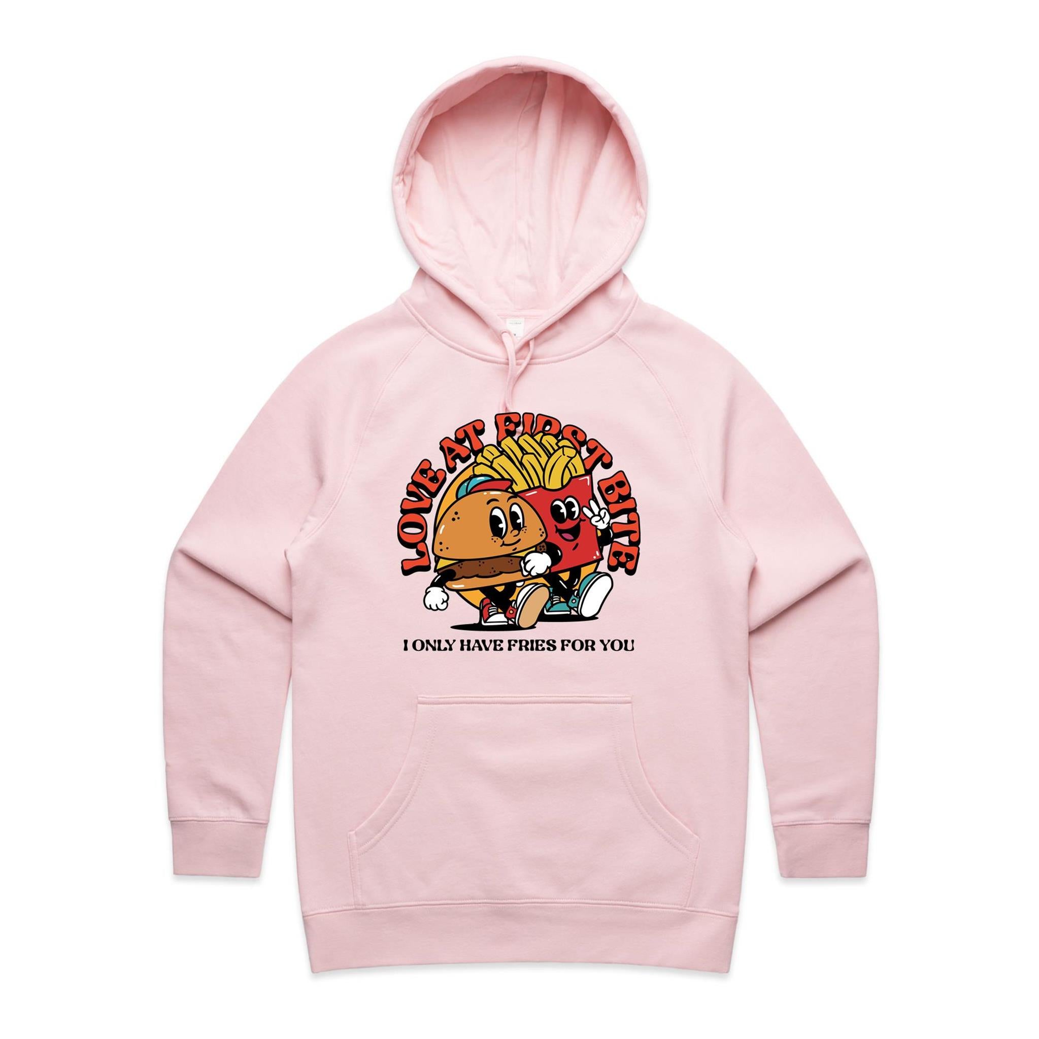 Love At First Bite, Hamburger And Fries - Womens Hoodie Pink Womens Hoodie Food Love Printed In Australia
