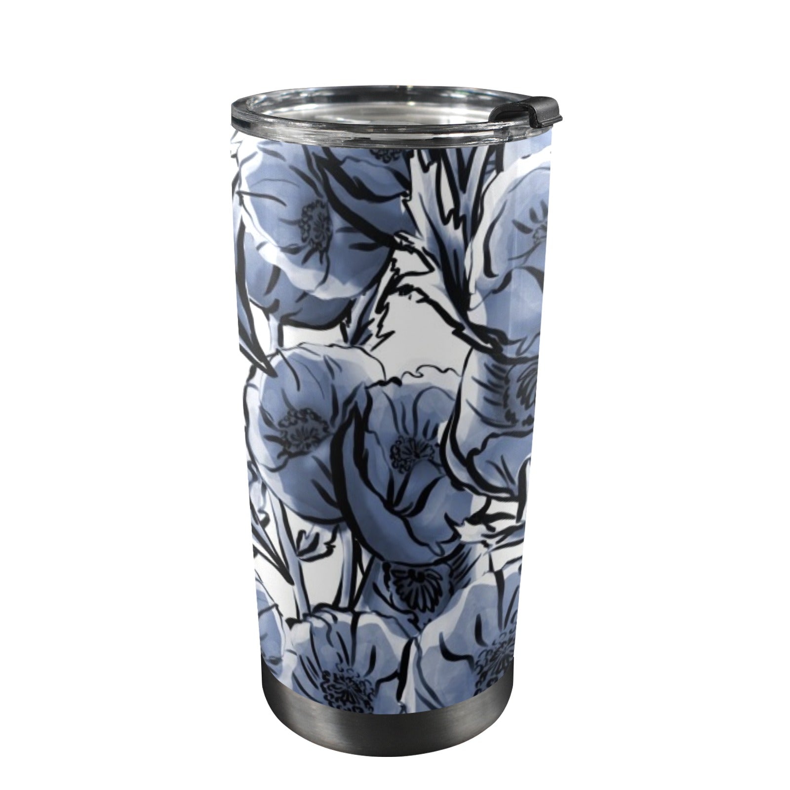 Blue And White Floral - 20oz Mobile Tumbler with Lid (Black Lock) One Size 20oz Travel Mug Plants Printed Offshore