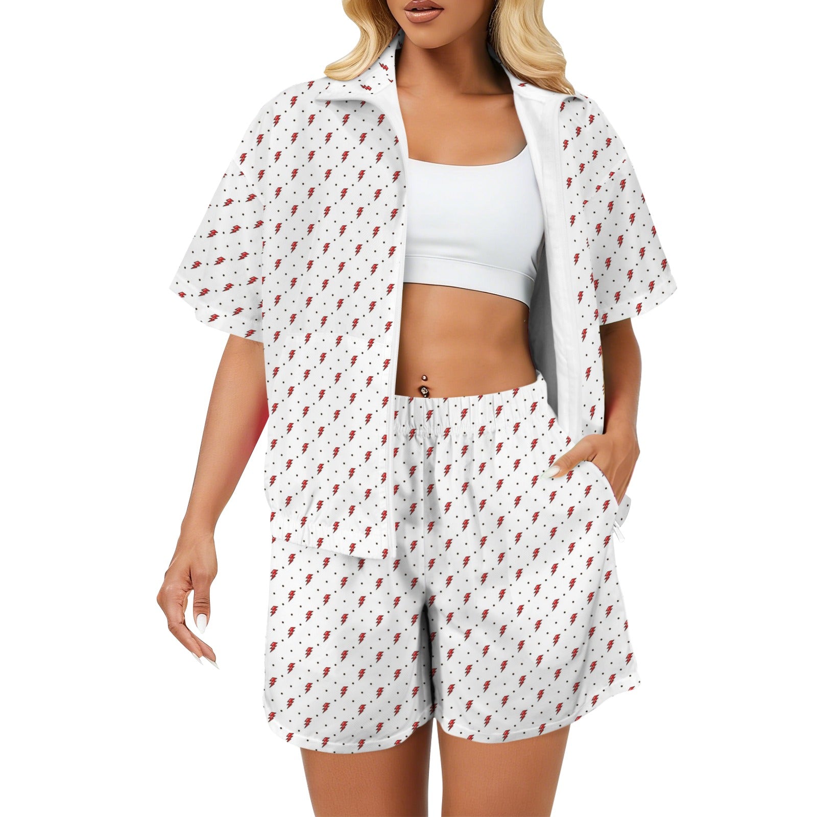 Red Lightning Women's Windbreaker Short Set 2XL Women's Windbreaker Short Set comic Printed Offshore