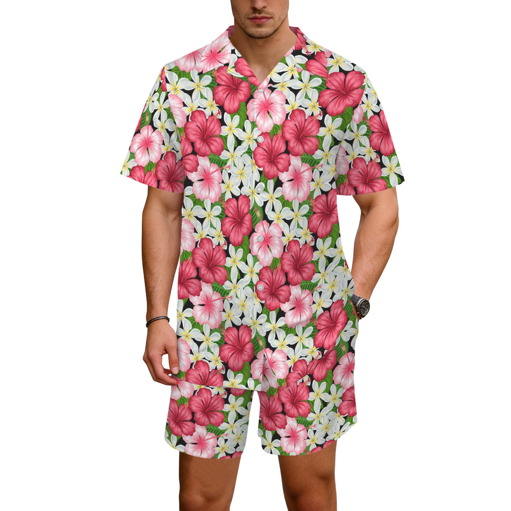 Hibiscus Men's Hawaiian Shirt & Shorts Set Men's Hawaiian Shirt & Shorts Set Plants Printed Offshore
