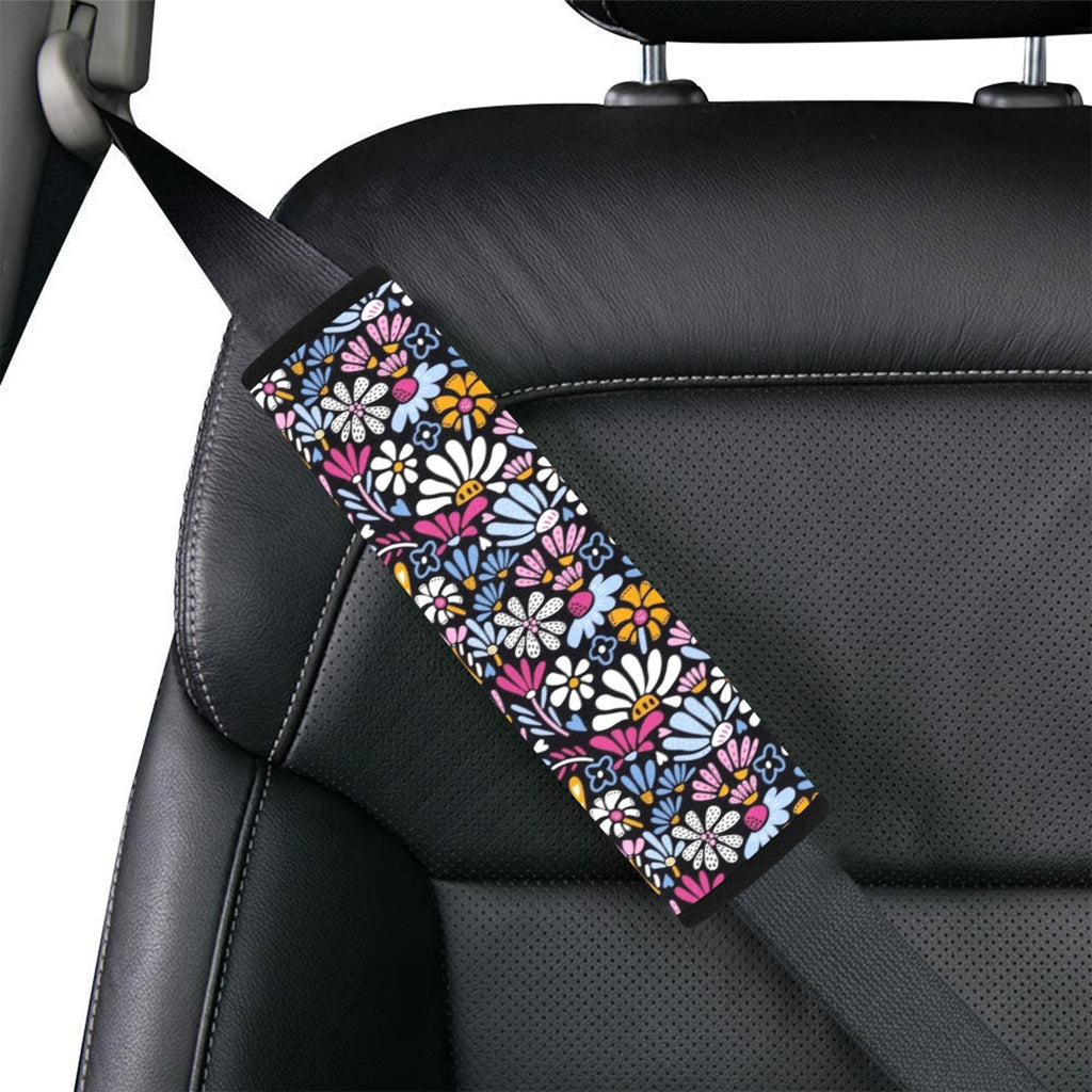 Graphic Flowers On Black Car Seat Belt Cover 7''x10'' (Pack of 2) Car Seat Belt Cover 7x10 (Pack of 2) Plants Printed Offshore