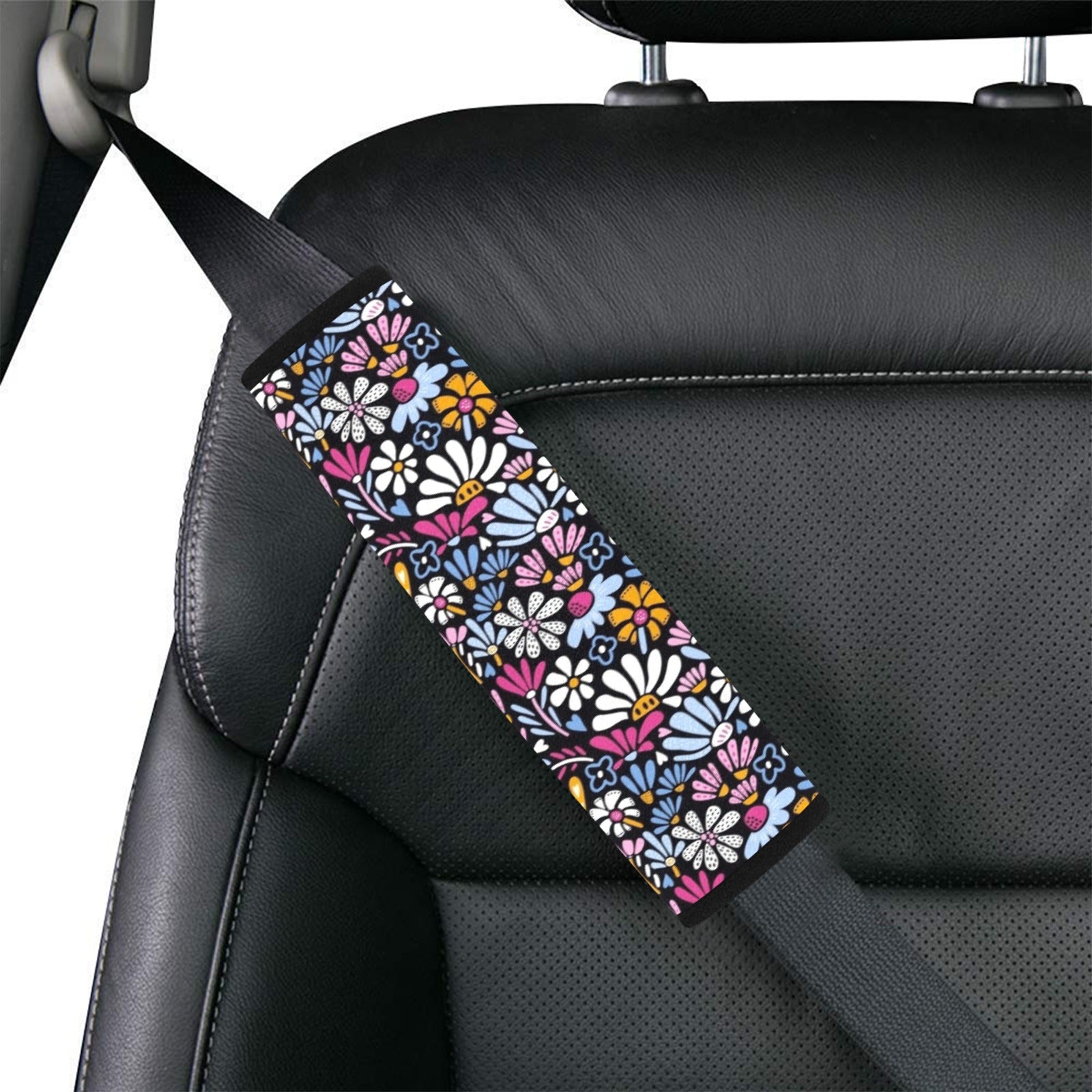 Graphic Flowers On Black Car Seat Belt Cover 7''x10'' (Pack of 2) Car Seat Belt Cover 7x10 (Pack of 2) Plants Printed Offshore