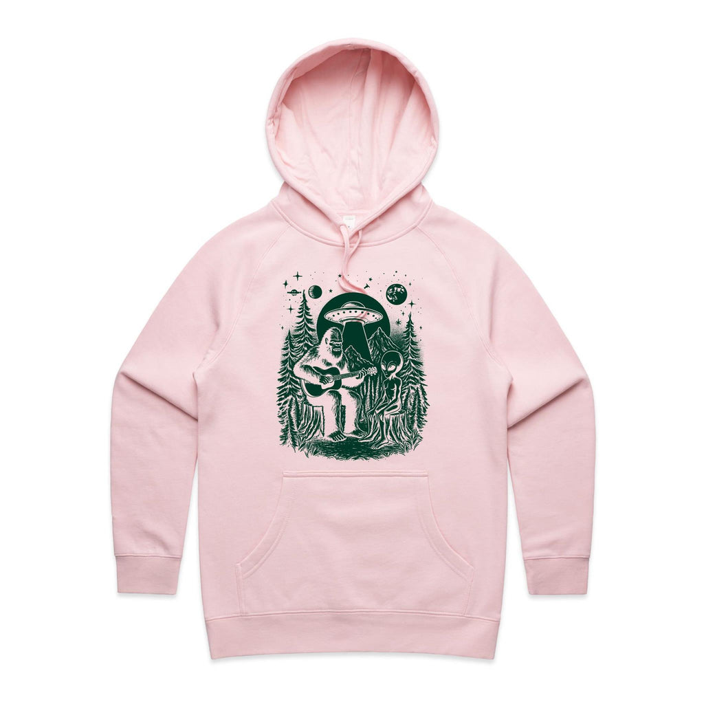 Alien And Bigfoot Play Guitar - Womens Hoodie Pink Womens Hoodie Music Printed In Australia Sci Fi
