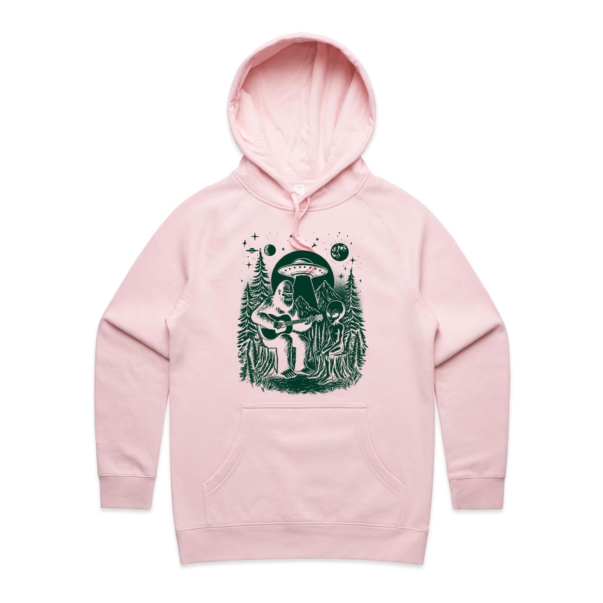 Alien And Bigfoot Play Guitar - Womens Hoodie Pink Womens Hoodie Music Printed In Australia Sci Fi