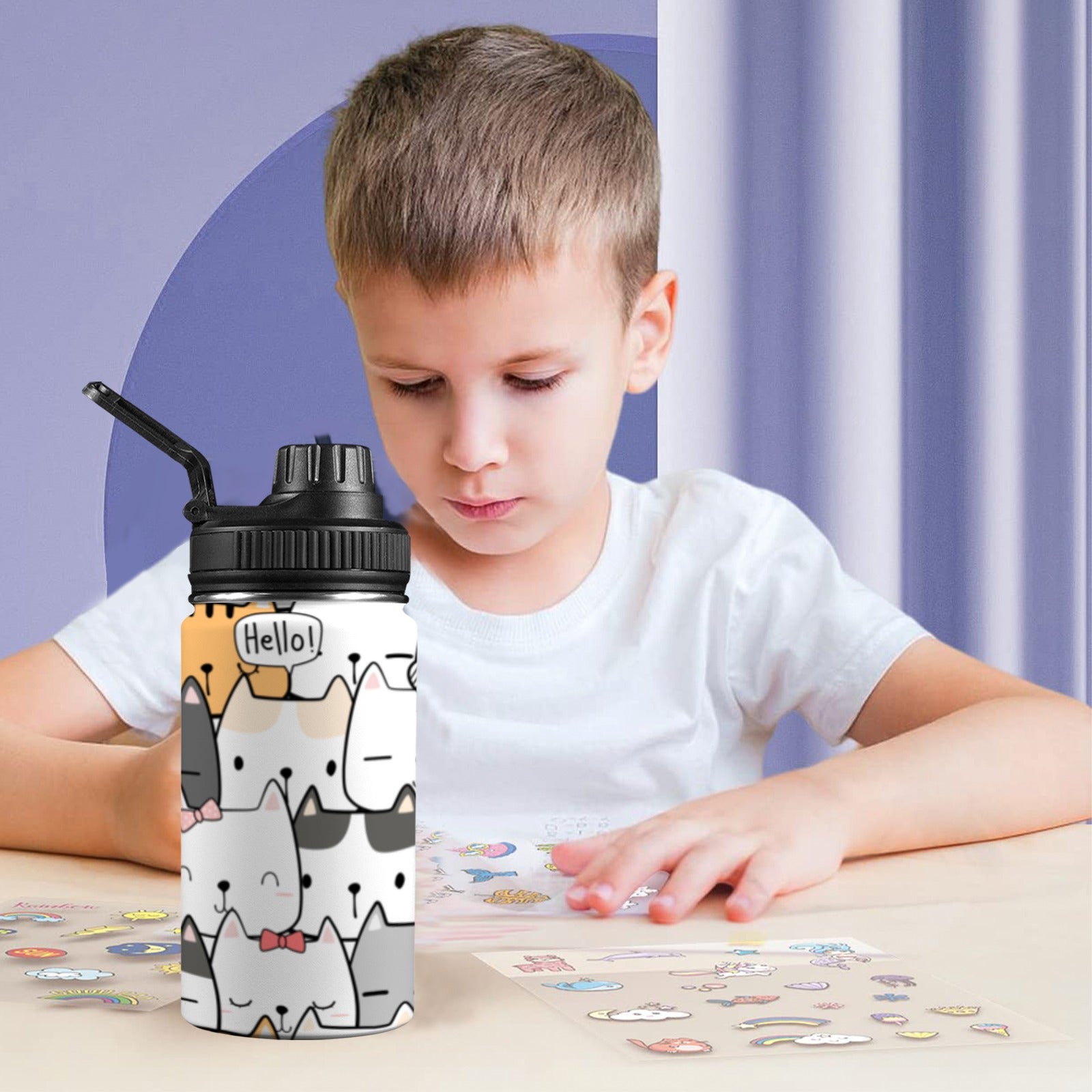 Cat Hello Kids Water Bottle with Chug Lid (12 oz) Kids Water Bottle with Chug Lid animal Printed Offshore