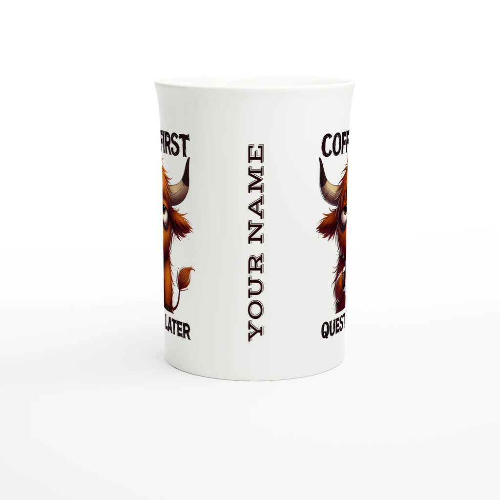 Personalise - Coffee First, Questions Later, Highland Cow - White 10oz Porcelain Slim Mug Personalised Porcelain Mug animal Coffee Globally Fulfilled