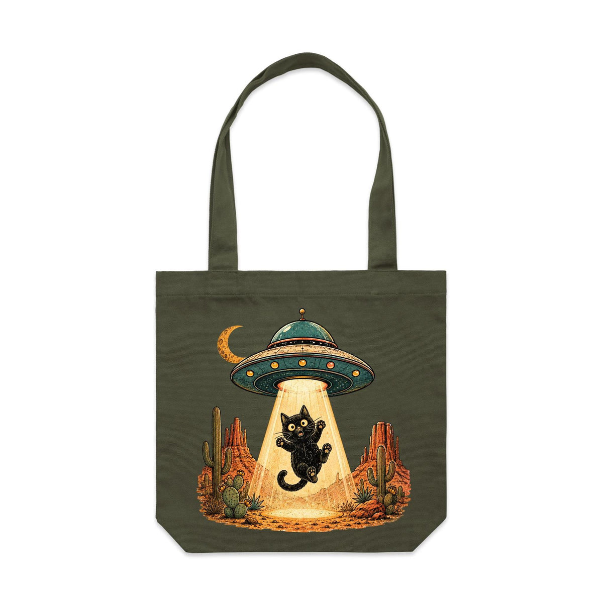Black Cat Alien UFO Abduction Canvas Tote Bag