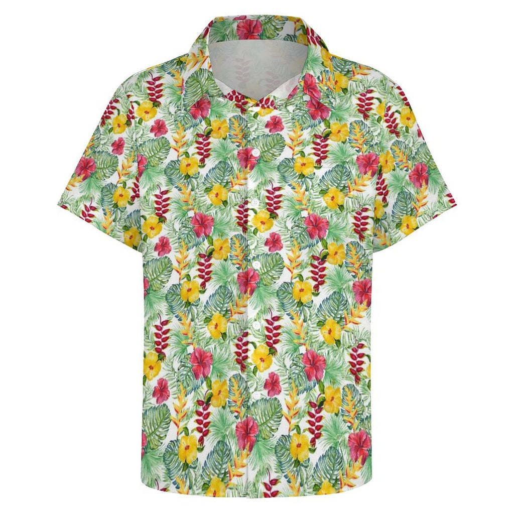 Tropical Flowers On White Women's Short-Sleeve Button Up Shirt Women's Short-Sleeve Button Up Shirt Plants Printed Offshore