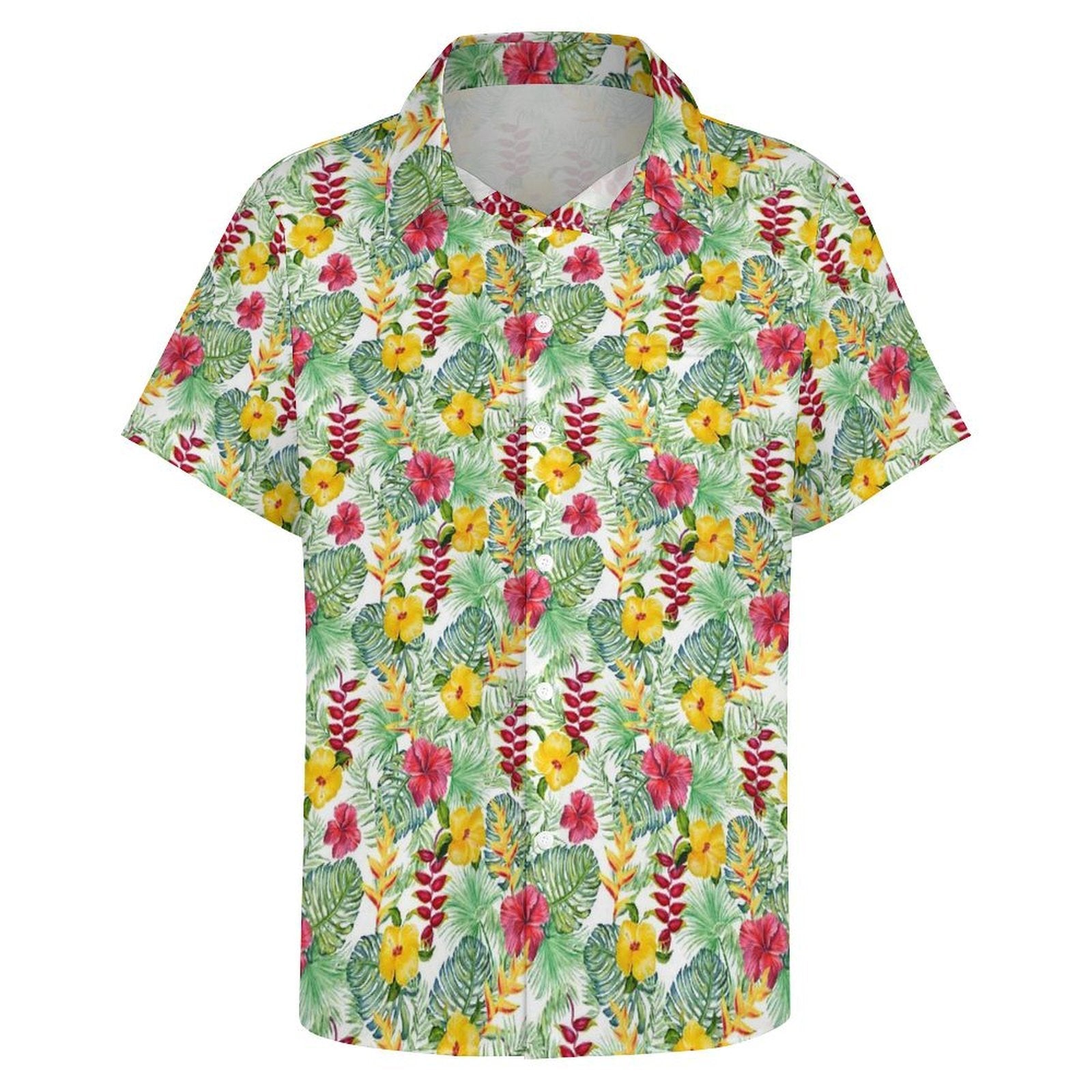 Tropical Flowers On White Women's Short-Sleeve Button Up Shirt Women's Short-Sleeve Button Up Shirt Plants Printed Offshore