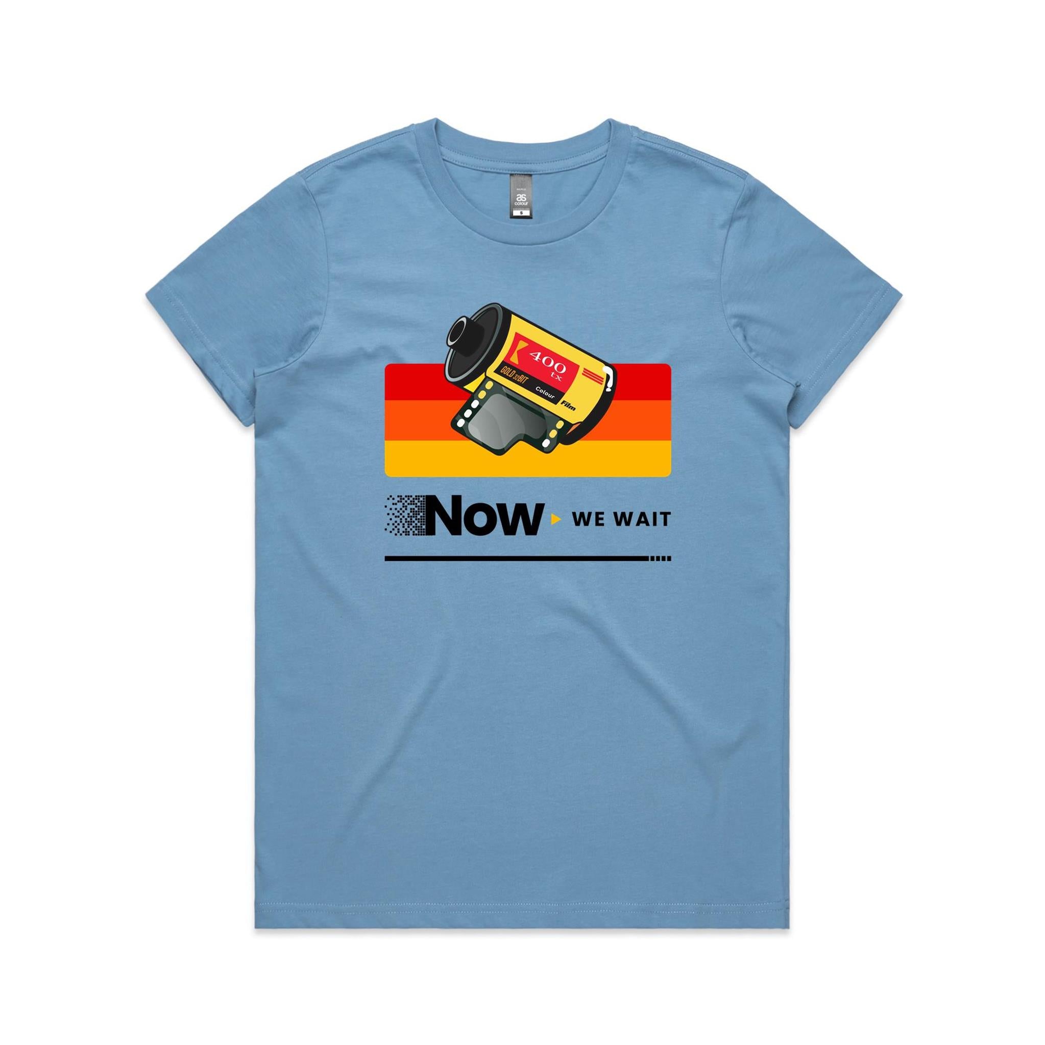Camera Film, Now We Wait - Womens T-shirt Carolina Blue Womens T-shirt Printed In Australia Retro