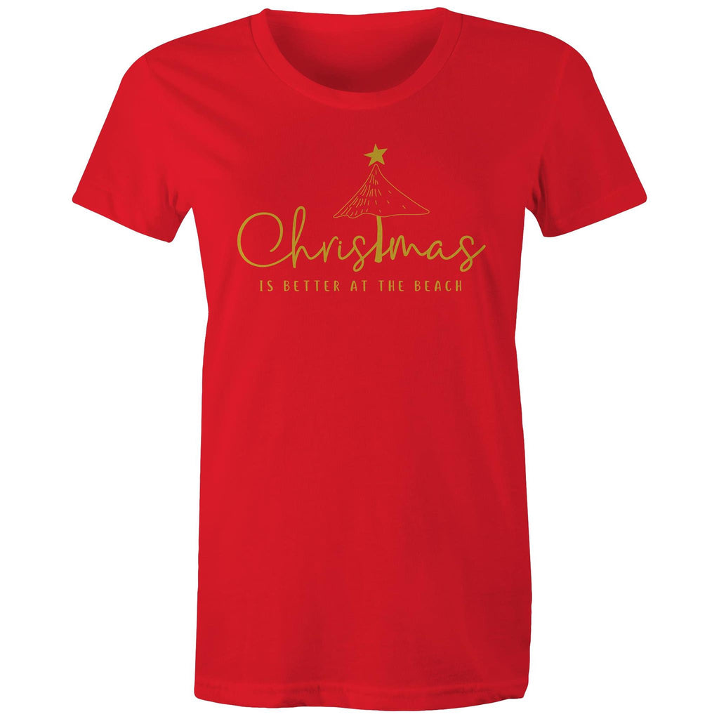 Christmas Is Better At The Beach - Womens T-shirt Red Womens Christmas T-shirt Christmas Printed In Australia