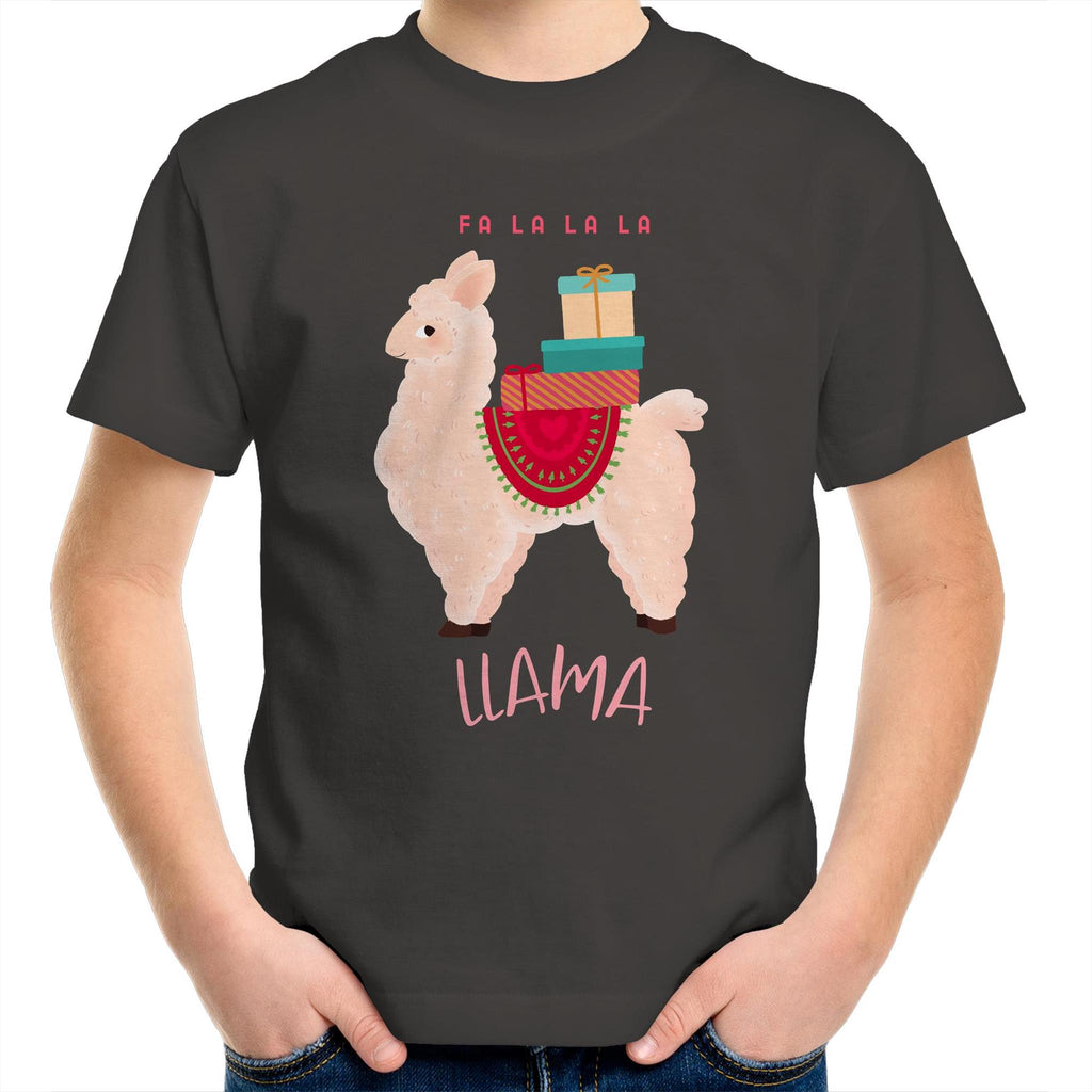 Fa La La La Llama, Christmas - Kids Youth T-Shirt Charcoal Kids Christmas T-shirt Christmas Printed In Australia