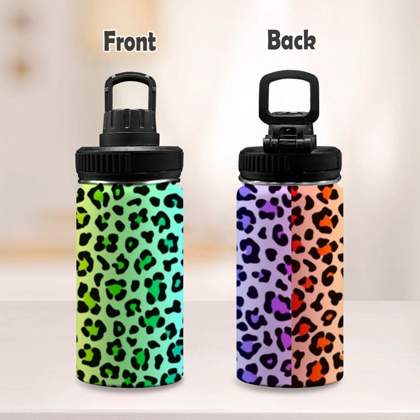 Rainbow Leopard Print - Kids Water Bottle with Chug Lid (12 oz)