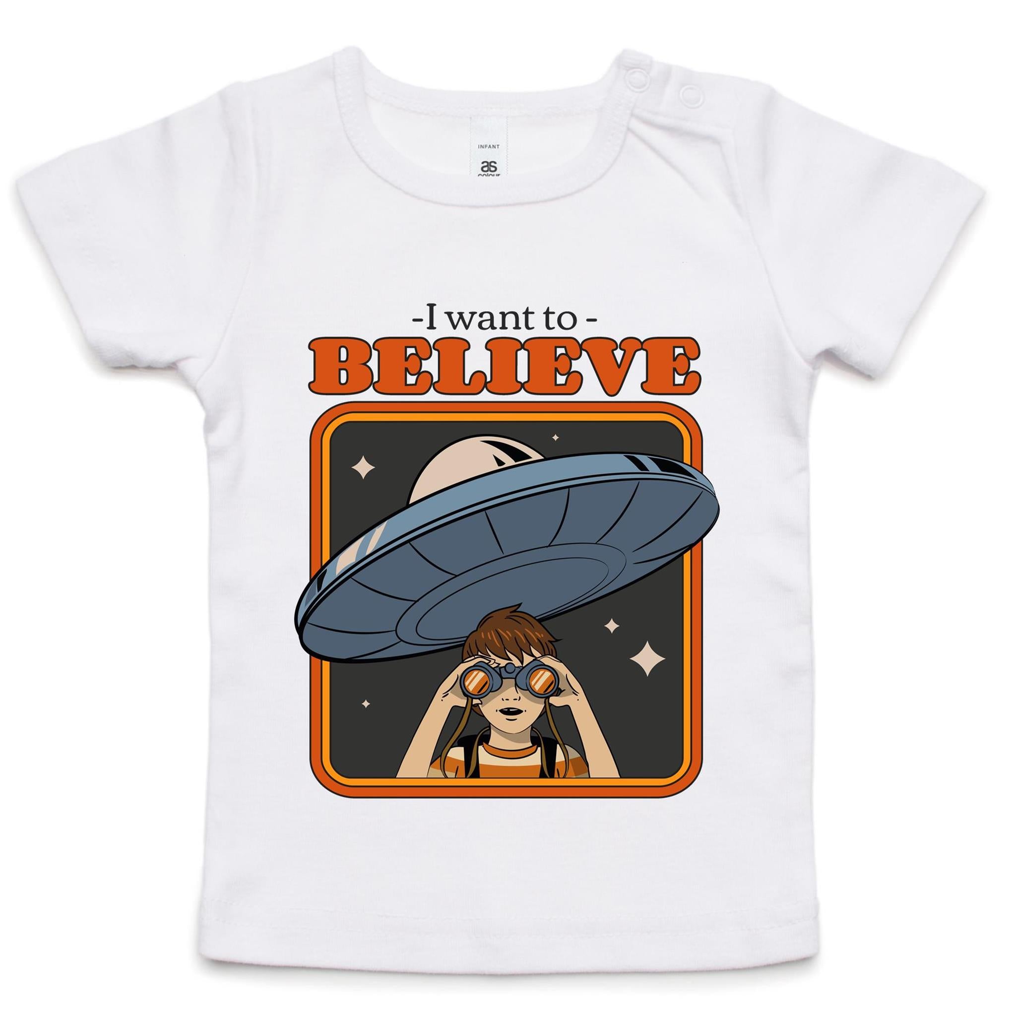 I Want To Believe, UFO - Baby T-shirt White Baby T-shirt Printed In Australia Sci Fi