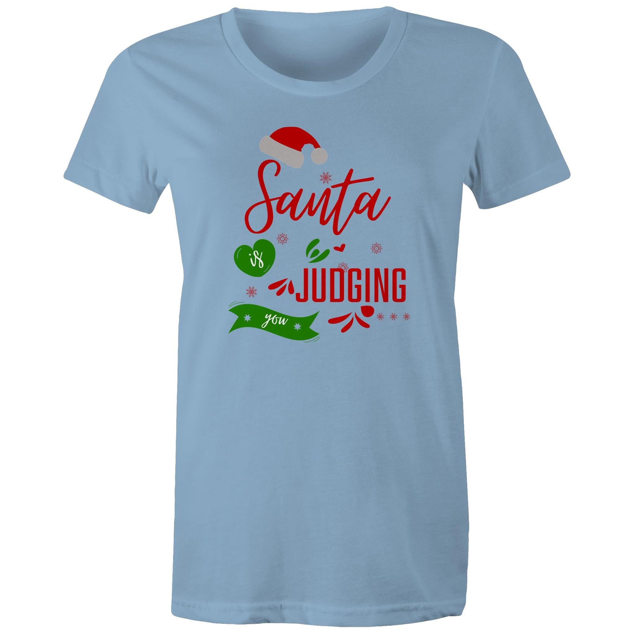 Santa Is Judging You - Womens T-shirt Carolina Blue Womens Christmas T-shirt Christmas Printed In Australia