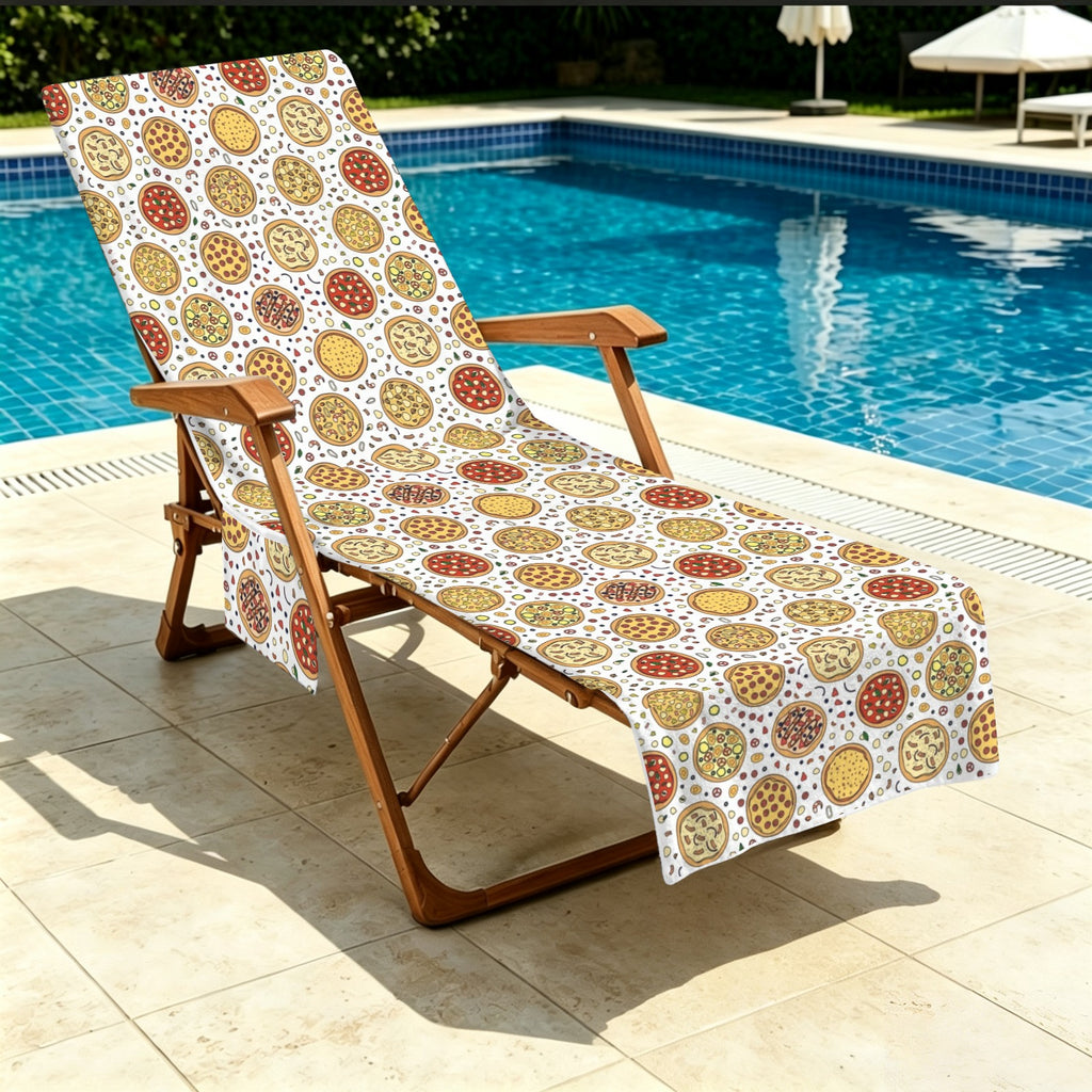 Round Pizzas On White Beach Chair Towel Cover with Side Pockets