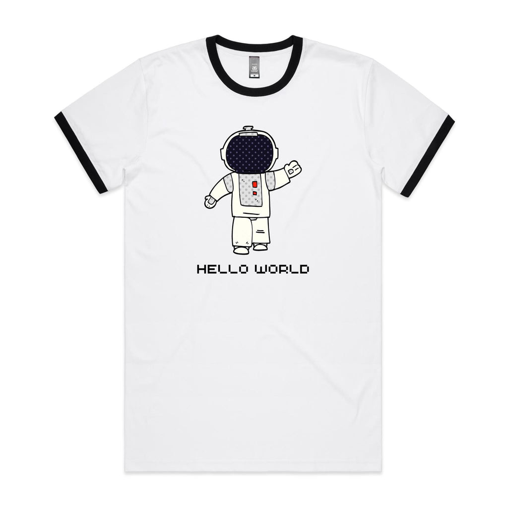 Astronaut, Hello World - Staple Ringer Tee White Black Ringer T-Shirt Printed In Australia Space
