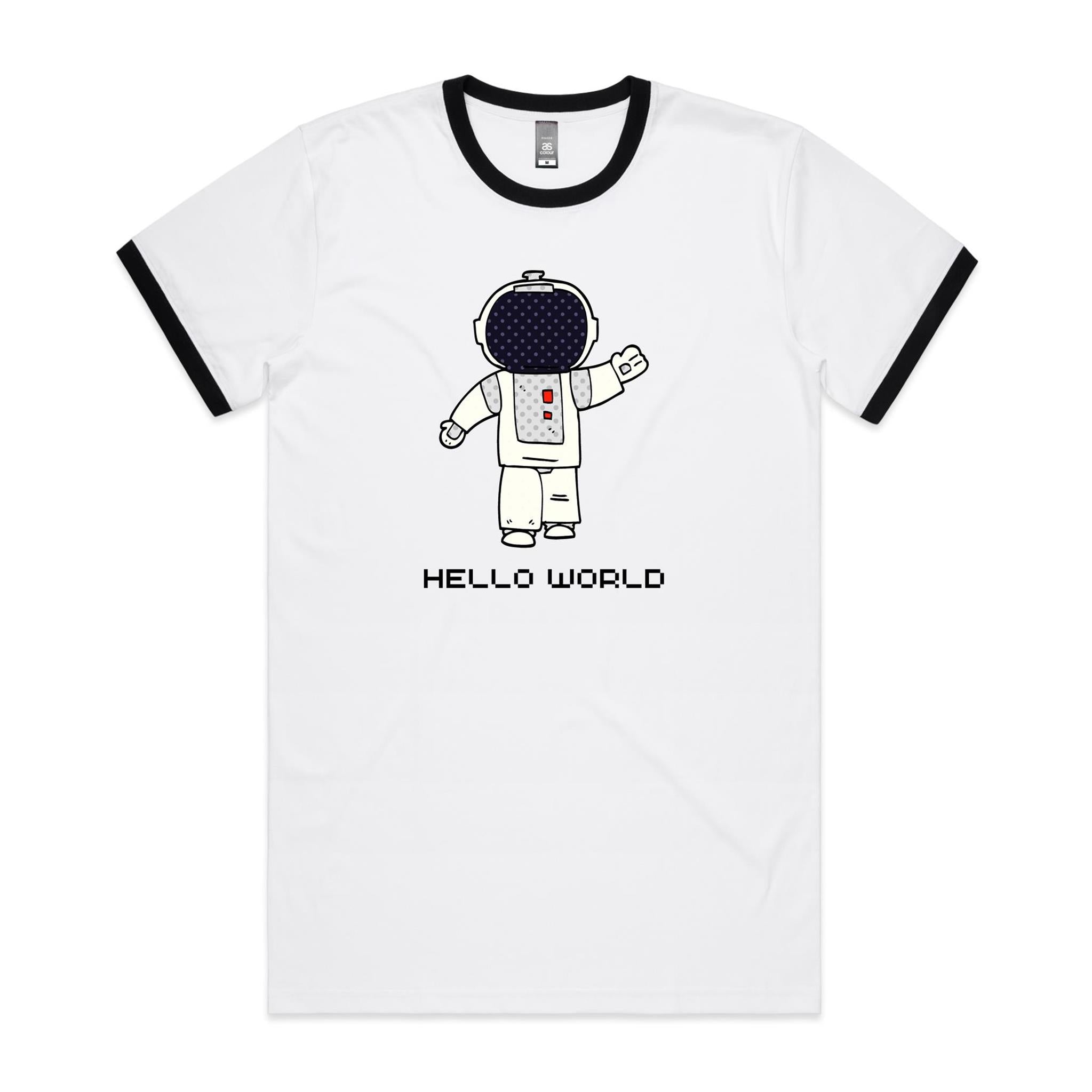 Astronaut, Hello World - Staple Ringer Tee White Black Ringer T-Shirt Printed In Australia Space