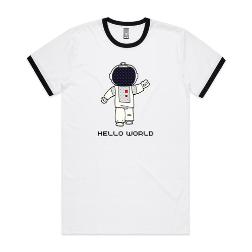 Astronaut, Hello World - Staple Ringer Tee White Black Ringer T-Shirt Printed In Australia Space