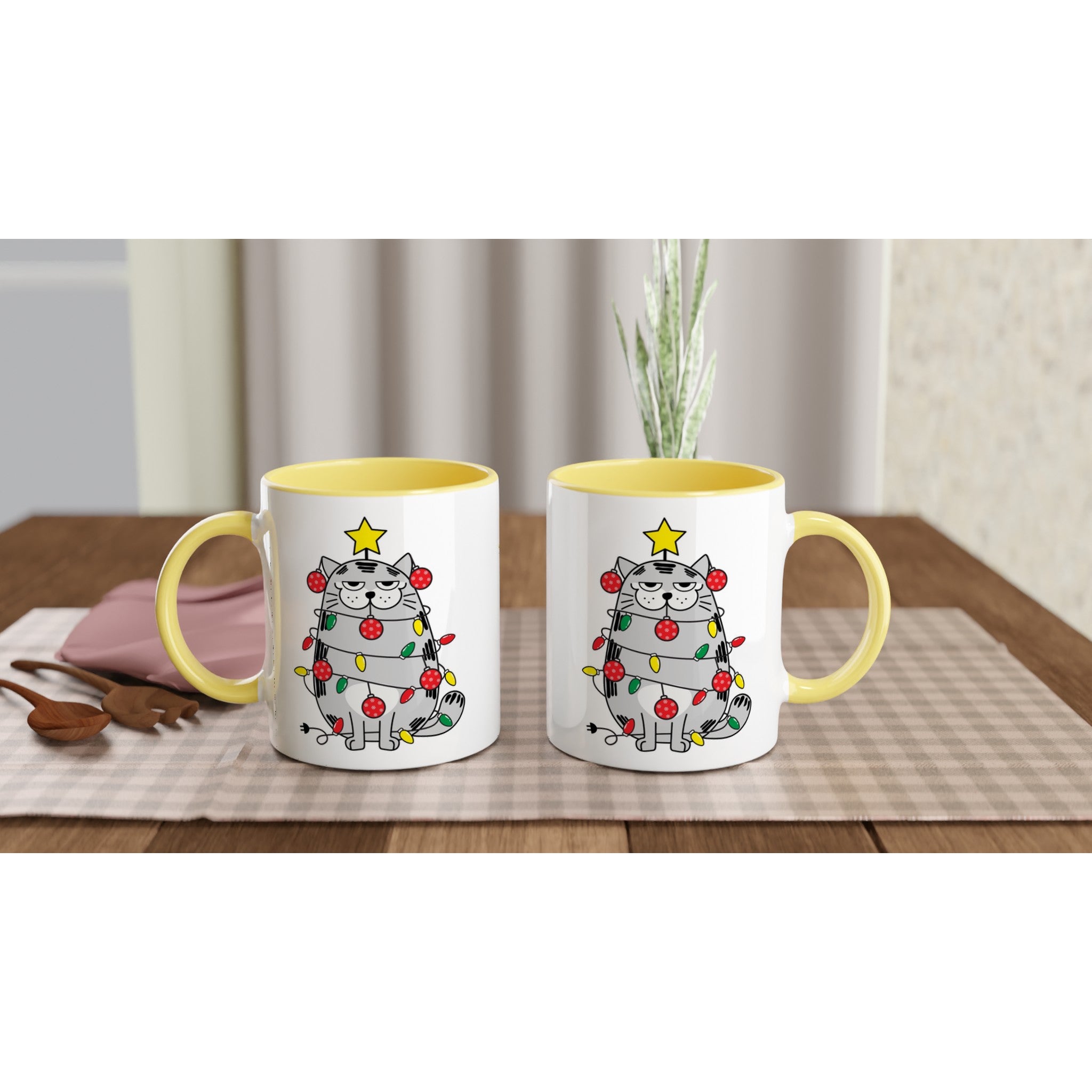 Christmas Cat - White 11oz Ceramic Mug with Colour Inside Christmas Colour Mug Christmas Globally Fulfilled