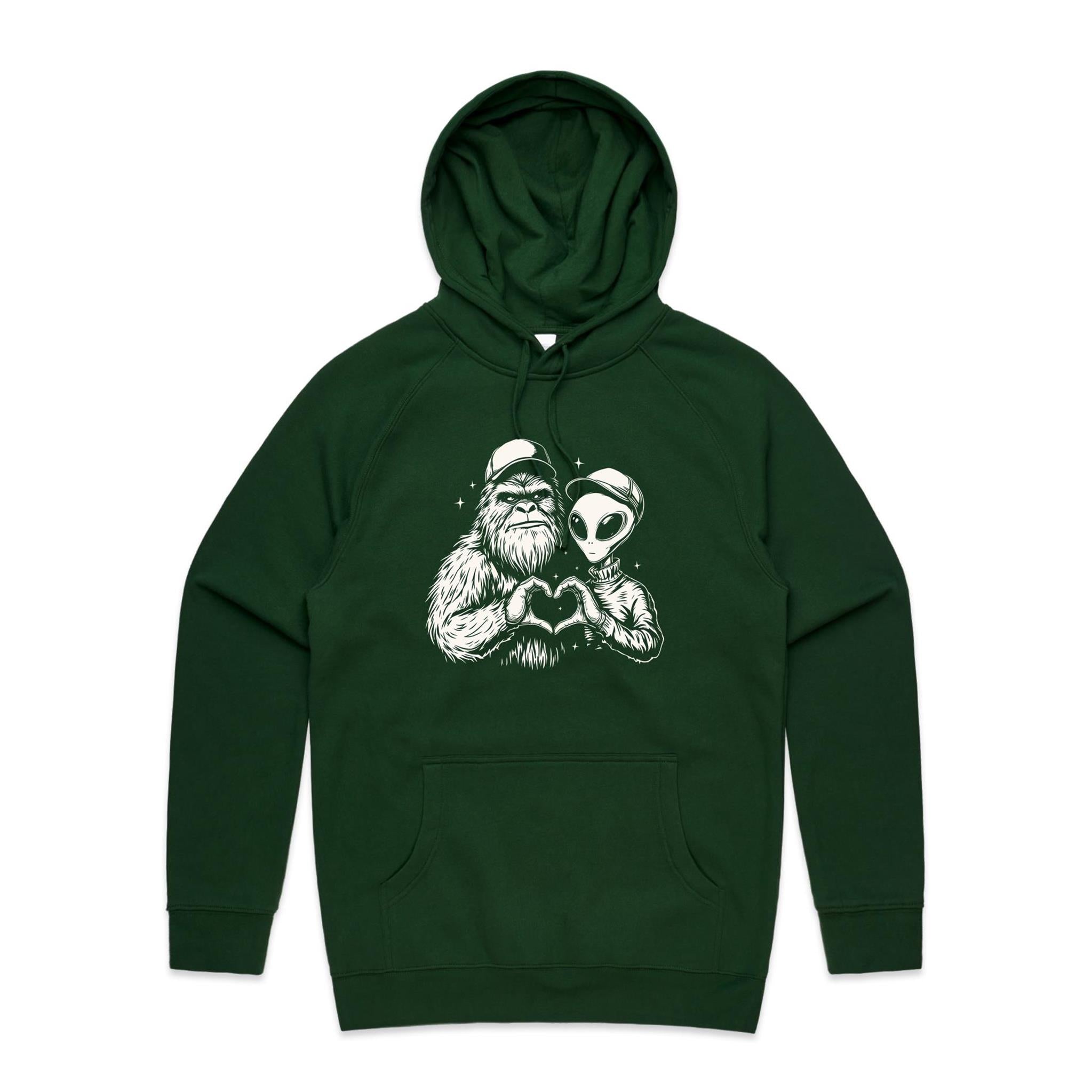 Alien Bigfoot Heart Hands - Mens Hoodie Forest Green Mens Hoodie Love Printed In Australia Sci Fi