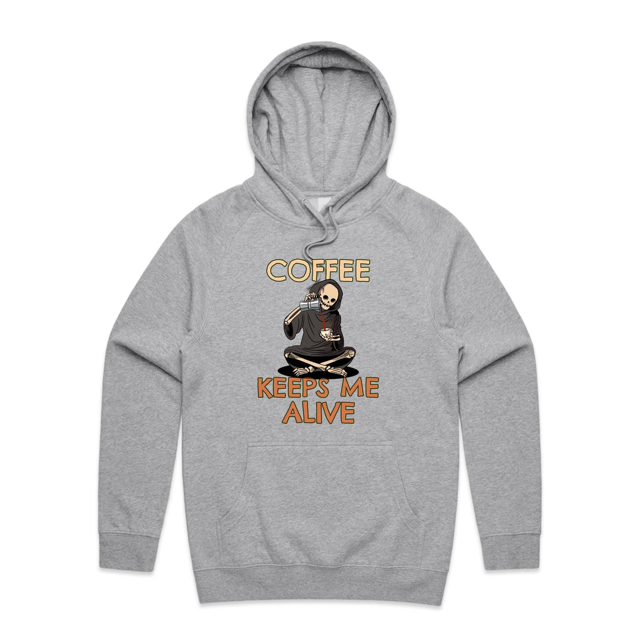 Coffee Keeps Me Alive, Skeleton - Mens Hoodie Grey Marle Mens Hoodie Coffee Printed In Australia