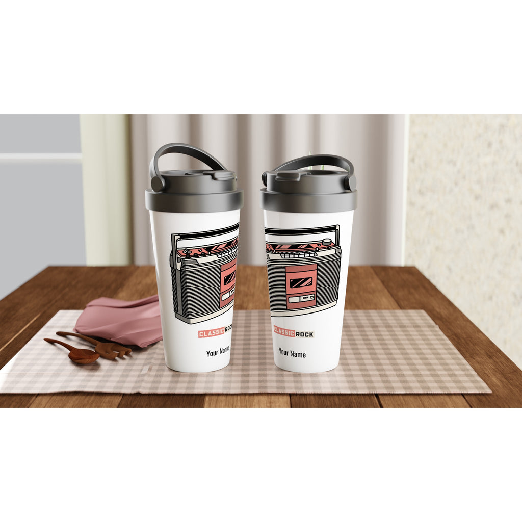 Personalised - Classic Rock - White 15oz Stainless Steel Travel Mug Personalised Travel Mug Customise Globally Fulfilled Music Personalise Retro