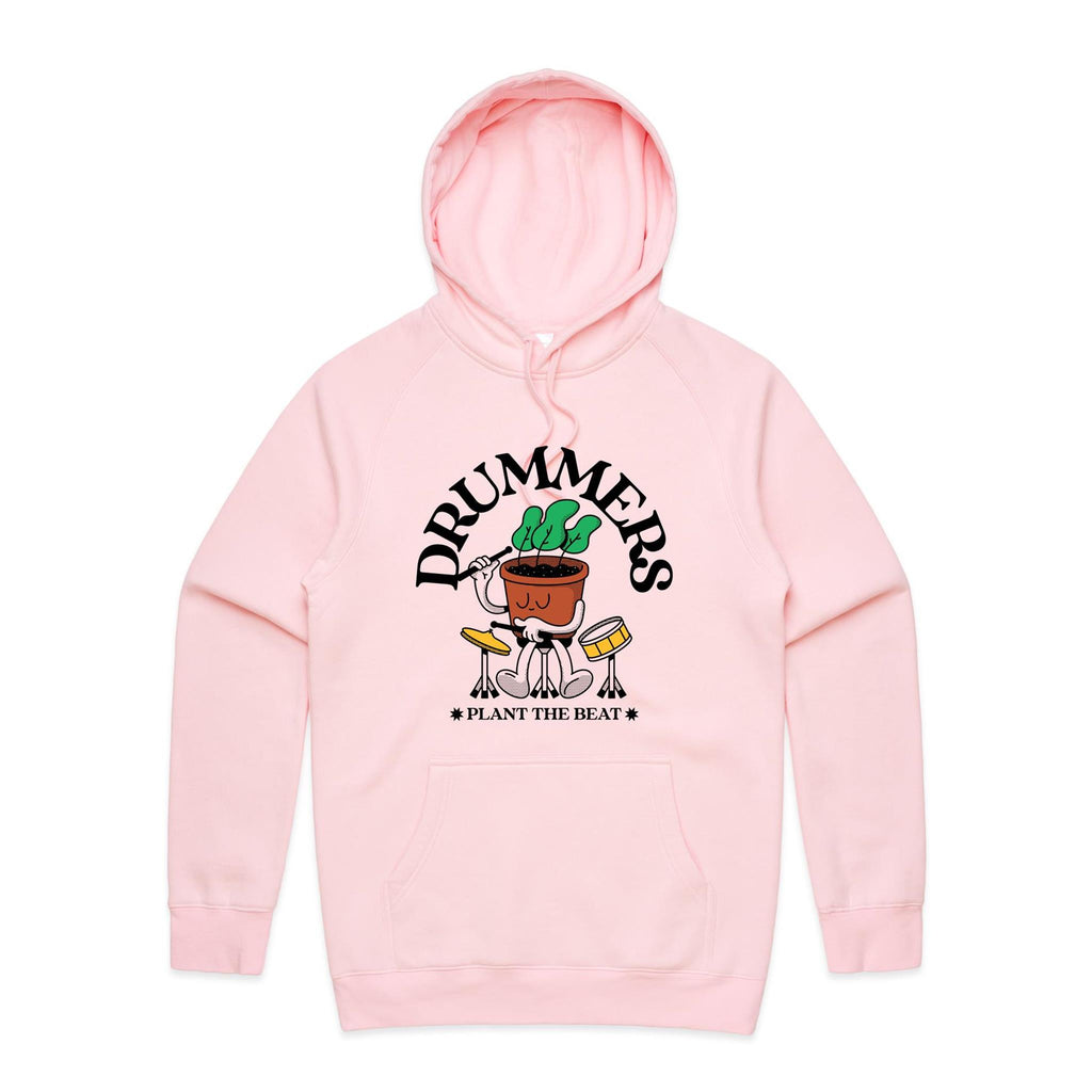Drummers Plant The Beat - Mens Hoodie Pink Mens Hoodie Music Printed In Australia