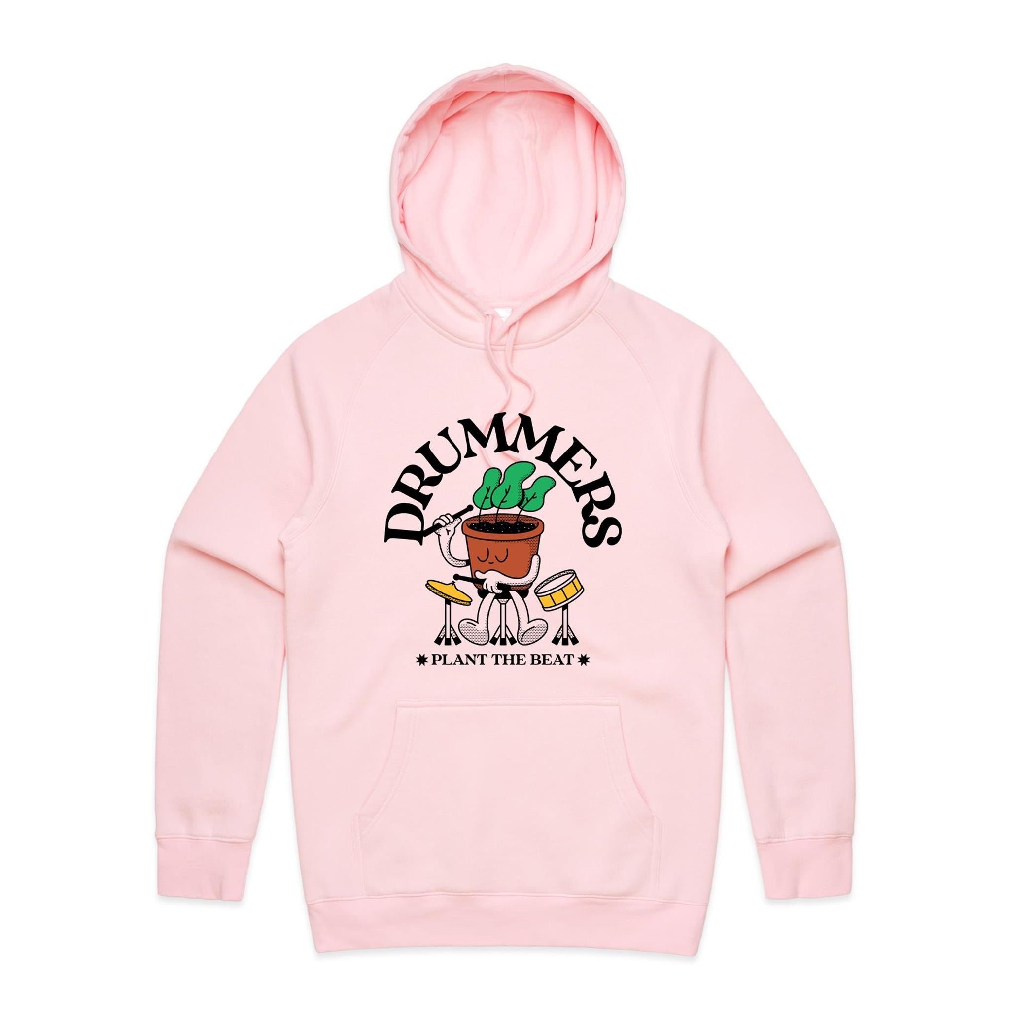 Drummers Plant The Beat - Mens Hoodie Pink Mens Hoodie Music Printed In Australia