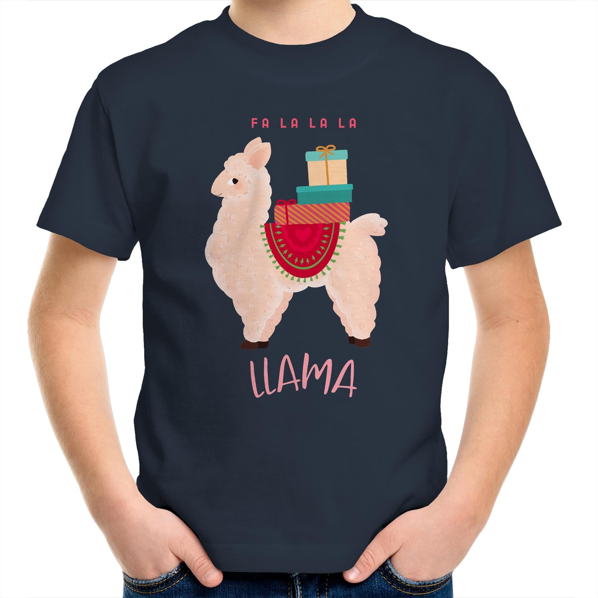 Fa La La La Llama, Christmas - Kids Youth T-Shirt Navy Kids Christmas T-shirt Christmas Printed In Australia