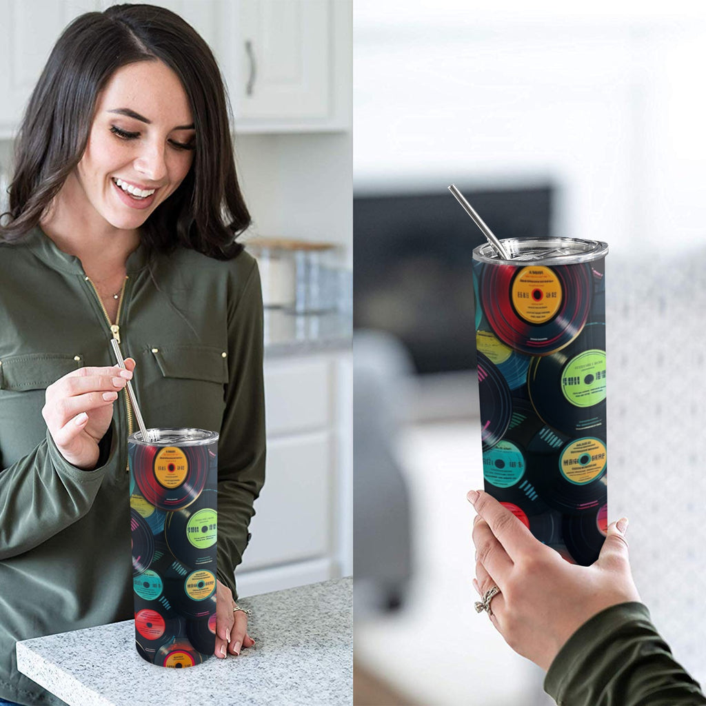 Retro Vinyl Records 2 - 20oz Tall Skinny Tumbler with Lid and Straw