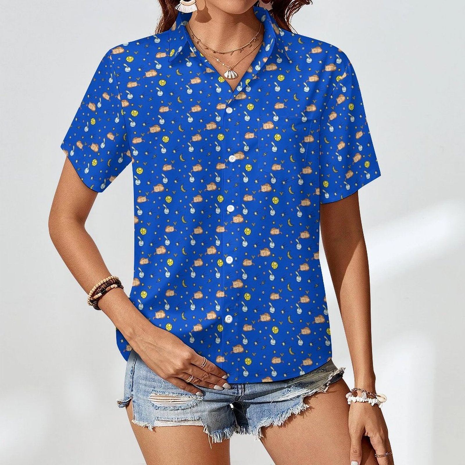 Cats In Space - Women's Short-Sleeve Button Up Shirt
