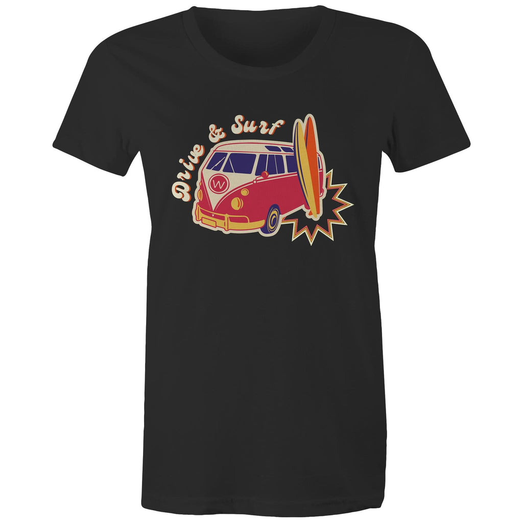 Drive And Surf - Womens T-shirt Black Womens T-shirt Printed In Australia Summer Surf