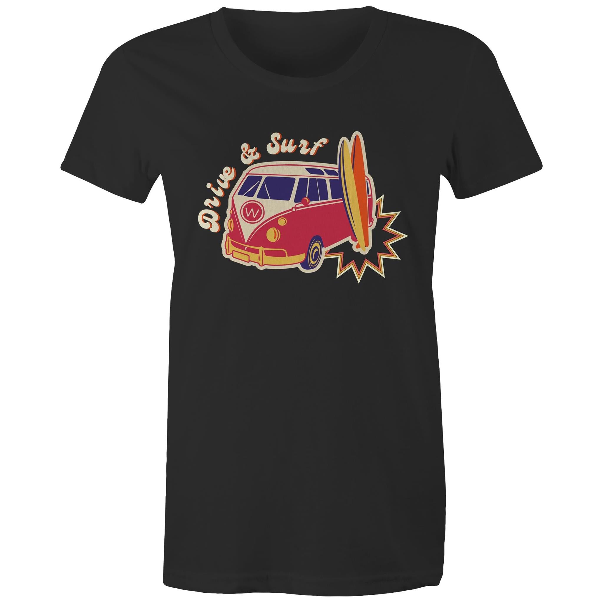 Drive And Surf - Womens T-shirt Black Womens T-shirt Printed In Australia Summer Surf