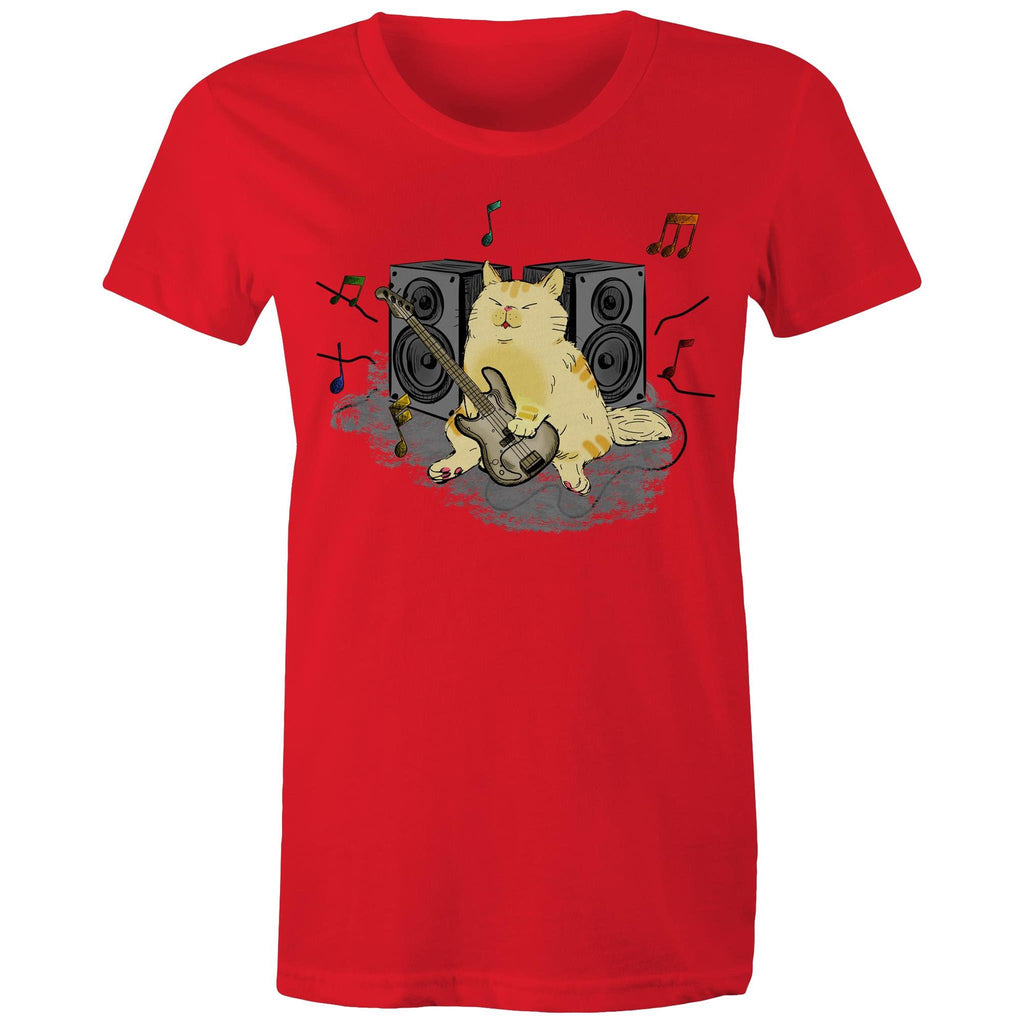 Cat Bass Player - Womens T-shirt Red Womens T-shirt animal Music Printed In Australia