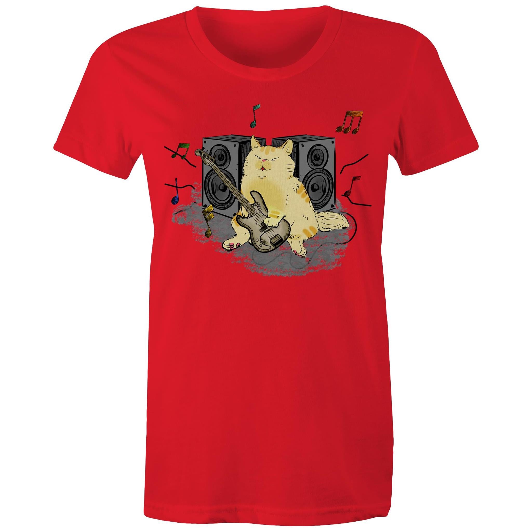 Cat Bass Player - Womens T-shirt Red Womens T-shirt animal Music Printed In Australia