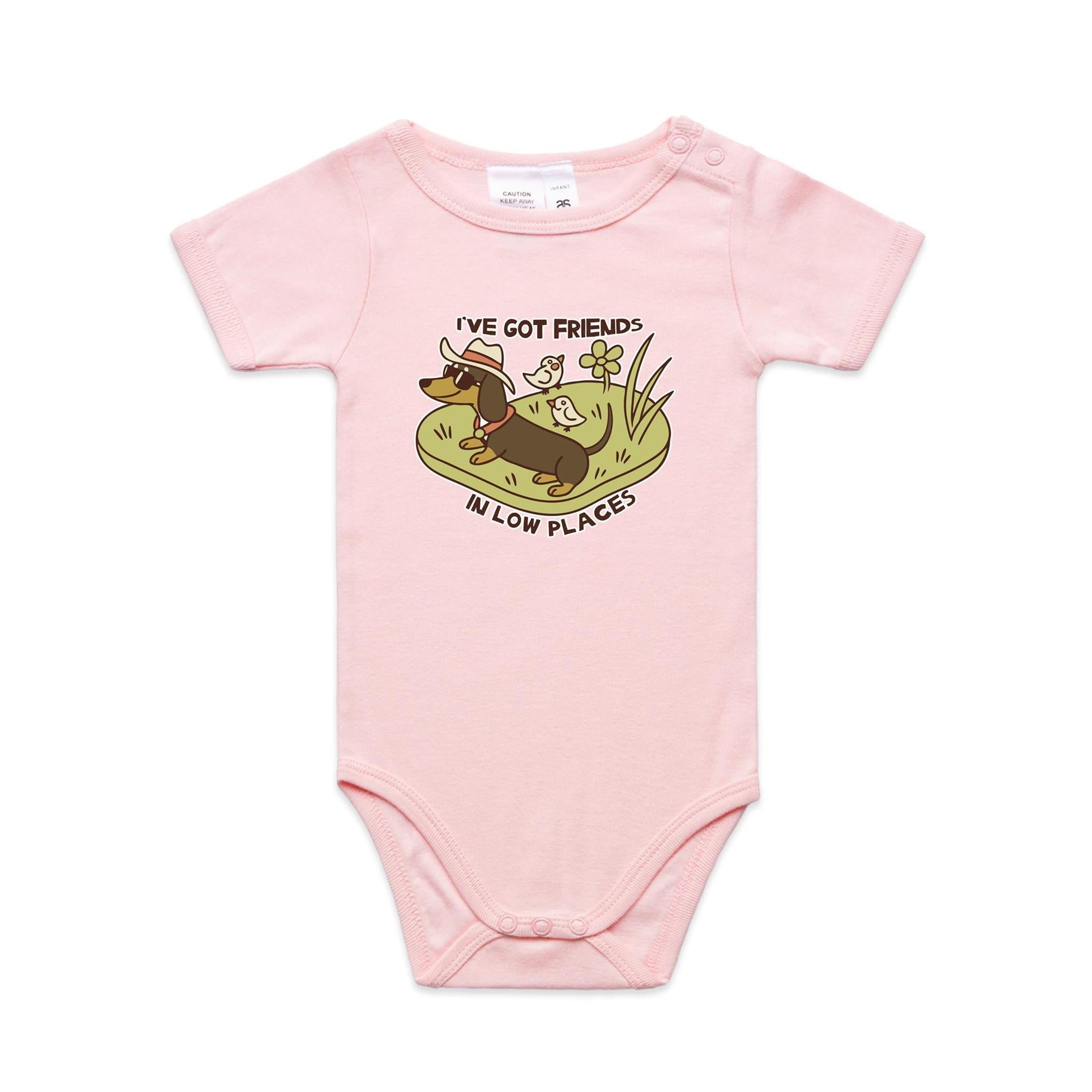Dachshund, I've Got Friends In Low Places AS Colour Baby Bodysuit Pink Baby Bodysuit animal Printed In Australia