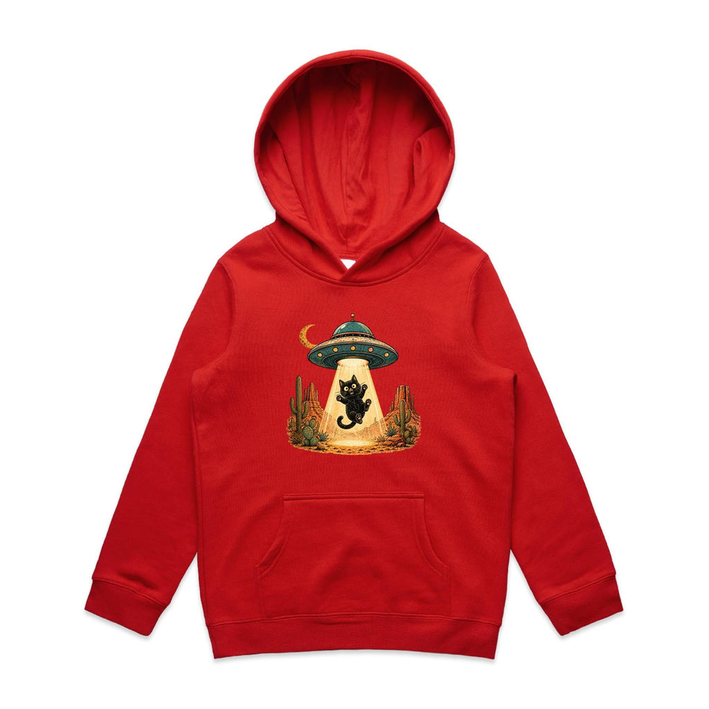 Black Cat Alien UFO Abduction Kids AS Colour Hoodie