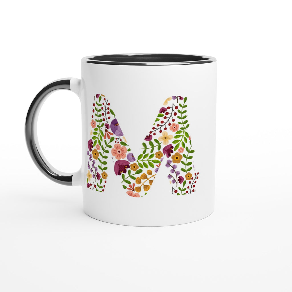 Personalised - Floral Initial - White 11oz Ceramic Mug with Color Inside Ceramic Black Personalised 11oz Mug Customise Globally Fulfilled Name Personalise