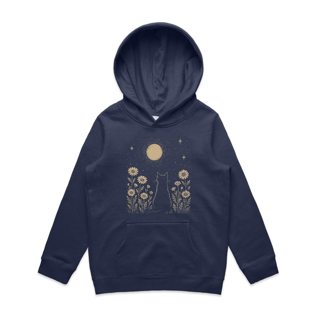Whimsical Cat And Moon Kid's AS Colour Hoodie Midnight Blue Kids Hoodie animal Printed In Australia