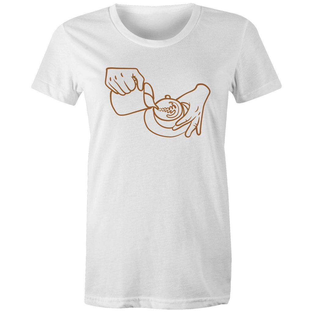 Barista Pouring Coffee - Womens T-shirt White Womens T-shirt Coffee Printed In Australia