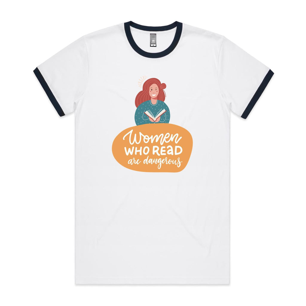 Women Who Read Are Dangerous - Staple Ringer Tee White Navy Ringer T-Shirt Printed In Australia Reading