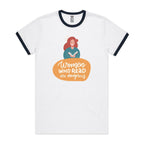 Women Who Read Are Dangerous - Staple Ringer Tee White Navy Ringer T-Shirt Printed In Australia Reading