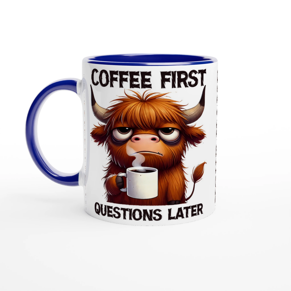 Personalise - Coffee First, Questions Later, Highland Cow - 11oz Ceramic Mug Ceramic Blue Personalised 11oz Mug animal Coffee Globally Fulfilled