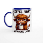 Personalise - Coffee First, Questions Later, Highland Cow - 11oz Ceramic Mug Ceramic Blue Personalised 11oz Mug animal Coffee Globally Fulfilled