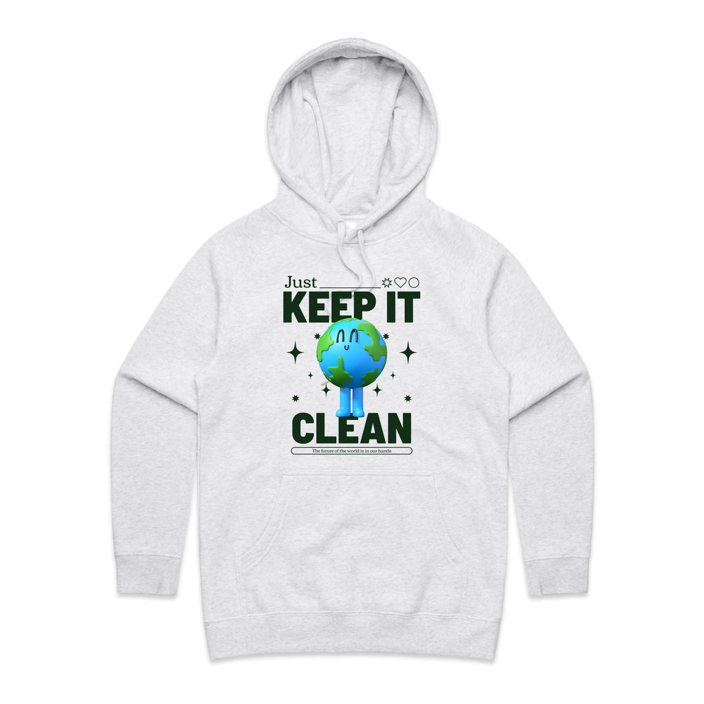 Earth, Just Keep It Clean - Womens Hoodie White Marle Womens Hoodie Environment Printed In Australia
