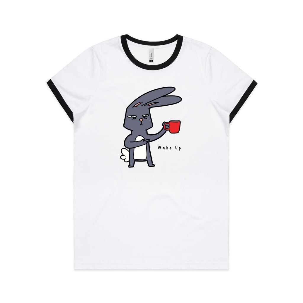 Wake Up, Coffee Rabbit - Women's Ringer Tee White Black Womens Ringer T-shirt animal Coffee Printed In Australia